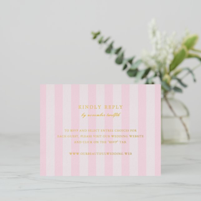 Modern Pink Stripes Elegant Wedding Foil RSVP Card (Standing Front)