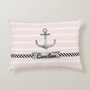 Modern Pink Stripes Grey Anchor Personalized Accent Pillow