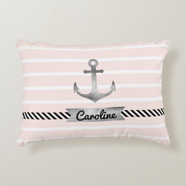 Modern Pink Stripes Grey Anchor Personalized Accent Pillow (Front)