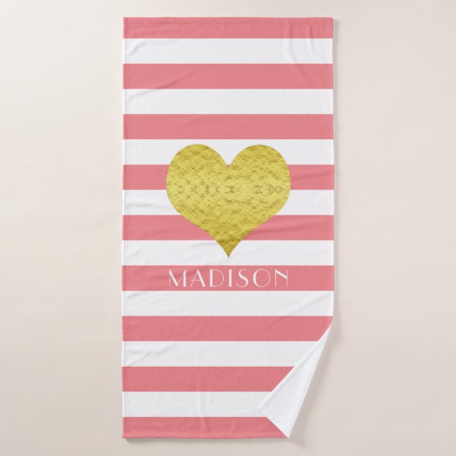 Modern Pink Stripes Pattern Name Bath Towel Set (Bath Towel)