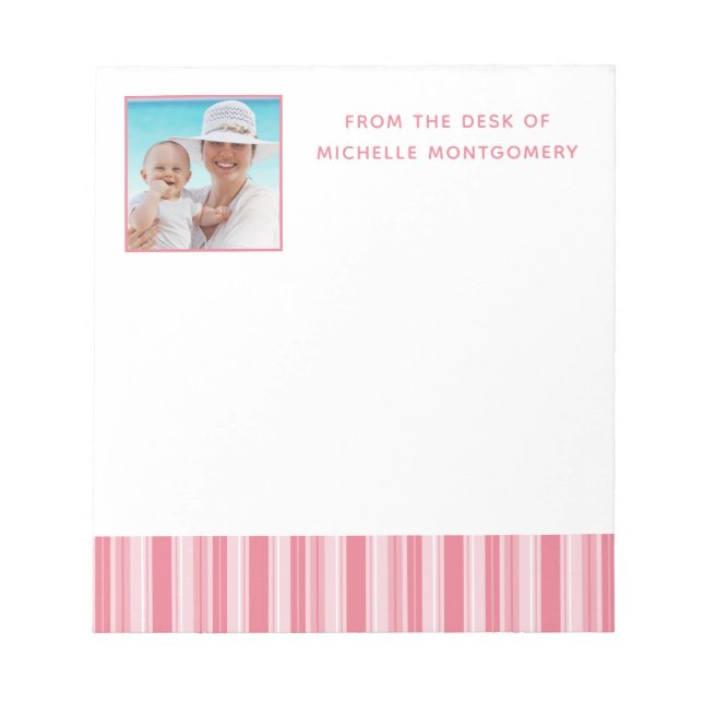 Modern Pink Stripes Personalized Photo Notepad (Front)