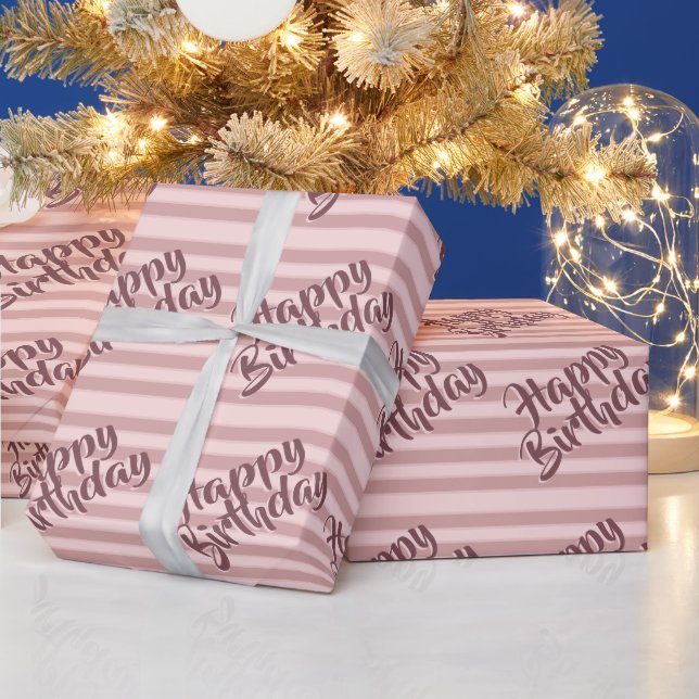Modern Pink Stripes Rose Gold Happy Birthday Wrapping Paper (Holidays)