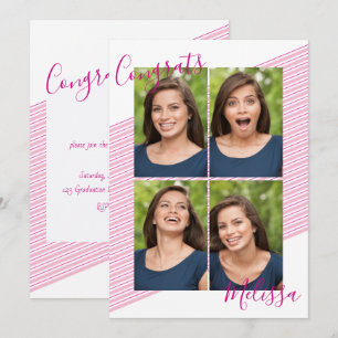 Modern Pink Stripped Graduation Photo Invitations