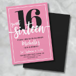 Modern Pink Sweet Sixteen 16th Birthday Party Invitation<br><div class="desc">Introducing a simple and modern Sweet Sixteen birthday party invitation, perfect for celebrating in style. The vibrant design features a bright pink background with a bold "16" prominently displayed at the top. Below, "Sweet Sixteen" is elegantly written in script calligraphy, setting a playful and stylish tone. The text throughout the...</div>