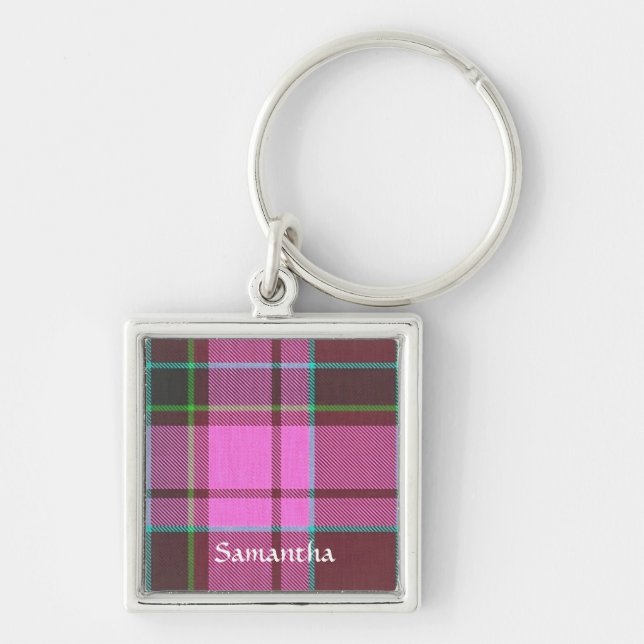 Modern pink tartan personalized keychain (Front)