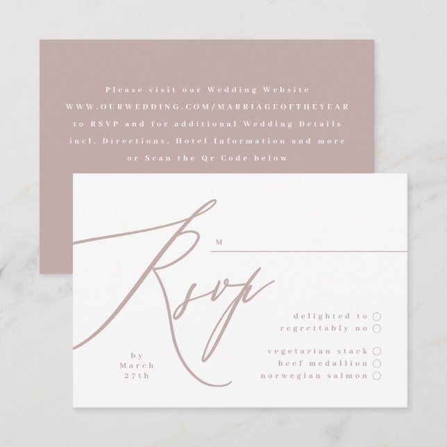 Modern Pink Taupe Calligraphy QR CODE Wedding RSVP Card (Front/Back)
