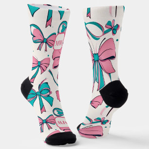 Modern pink teal cream bows monogram chic socks