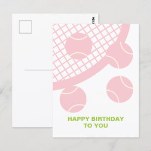 Modern Pink Tennis Ball Racket Happy Birthday Postcard