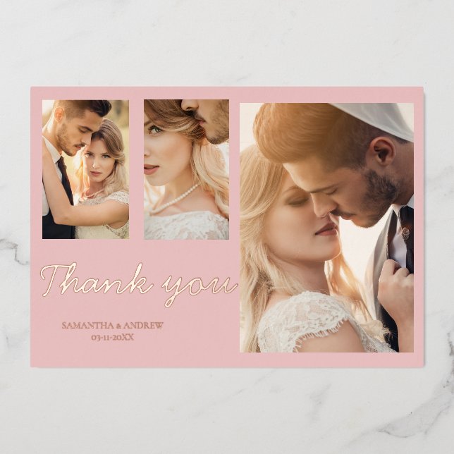 Modern pink thank you 4 photo wedding invitation (Front)