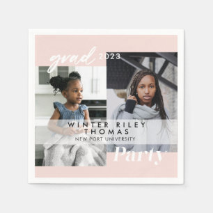 Modern Pink Then & Now Two Photo Graduation Party Napkin