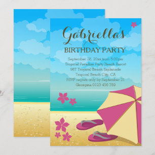 Modern Pink Tropical Beach Birthday Party Invitation