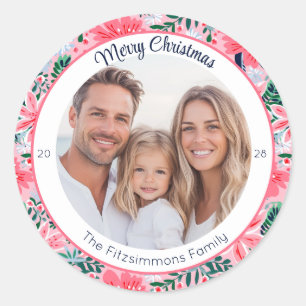 Modern Pink Tropical Holiday Botanical Photo Classic Round Sticker