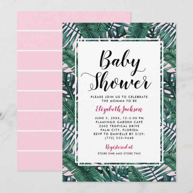 Modern Pink Tropical Palm Leaves Baby Girl Shower Invitation (Front/Back)