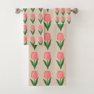 Modern Pink Tulip Flower Pattern on Light Beige Bath Towel Set
