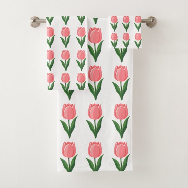 Modern Pink Tulip Flower Pattern on White Bath Towel Set (Insitu)