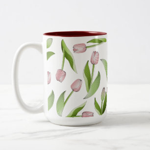 Modern Pink Tulip Flower Pattern Two-Tone Coffee Mug