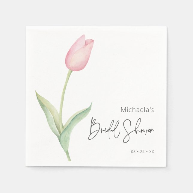 Modern Pink Tulip Solo Bridal Shower Cocktail Napkin (Front)