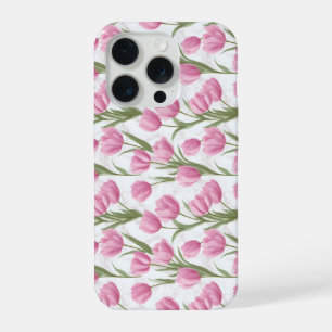 Modern Pink Tulip White Floral Pattern iPhone 15 Pro Case