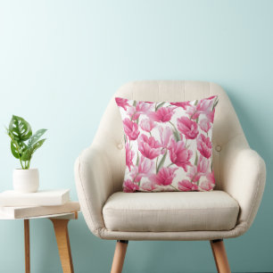 Modern Pink Tulip White Floral Pattern Throw Pillow