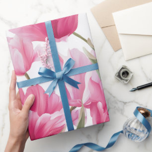 Modern Pink Tulip White Floral Pattern Wrapping Paper