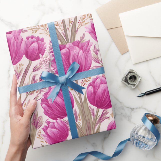 Modern Pink Tulip White Floral Pattern Wrapping Paper (Gifting)