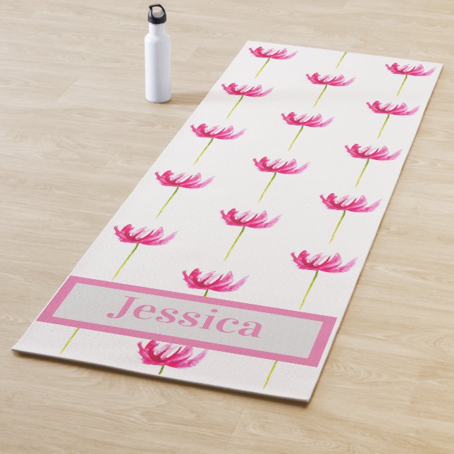 Modern pink tulips floral name monogram yoga mat (In Situ)