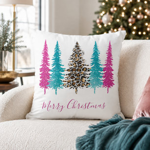 Modern Pink Turquoise Animal Print Christmas Throw Pillow