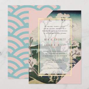 Modern Pink & Turquoise Ukiyo-e Wedding Invitation