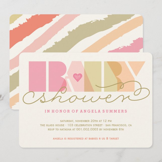 Modern Pink Typography Colourful Girl Baby Shower Invitation (Front/Back)