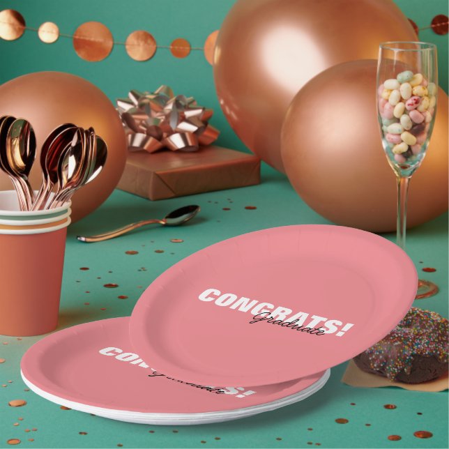 Modern Pink Typography Congrats Graduate  Paper Plate (Multi)