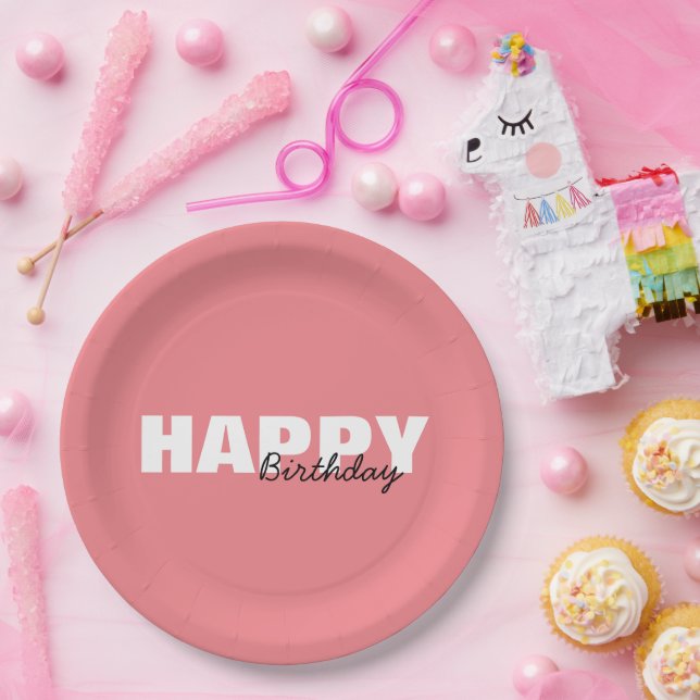 Modern Pink Typography Happy Birthday  Paper Plate (Party)
