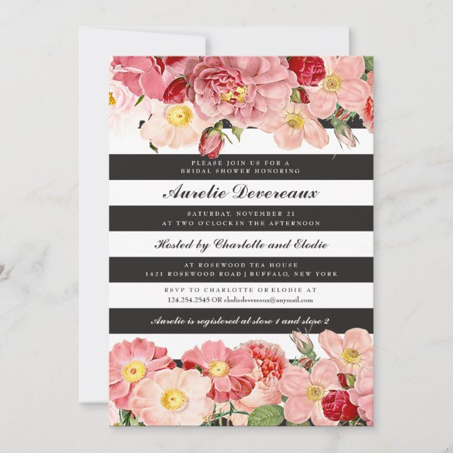 Modern Pink Vintage Roses Stripes Bridal Shower Invitation (Front)