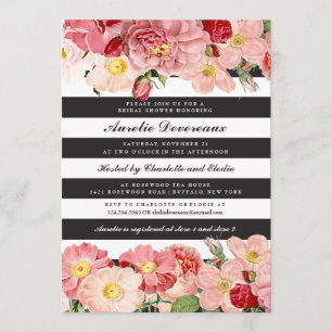 Modern Pink Vintage Roses Stripes Bridal Shower Invitation