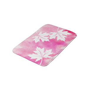 Modern pink watercolor and white maple leaves bath bath mat