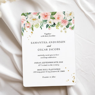 Modern Pink Watercolor Beauty Flowers & Gold Drops Invitation