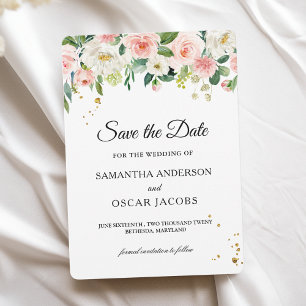 Modern Pink Watercolor Beauty Flowers & Gold Drops Save The Date
