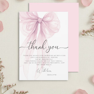 Modern Pink Watercolor Bow Bridal Shower Thank You Card