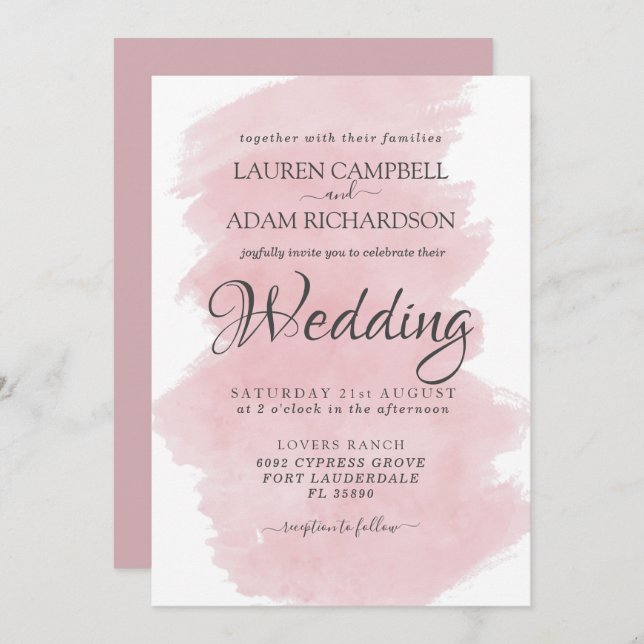Modern Pink Watercolor Brushstroke Wedding  Invitation (Front/Back)