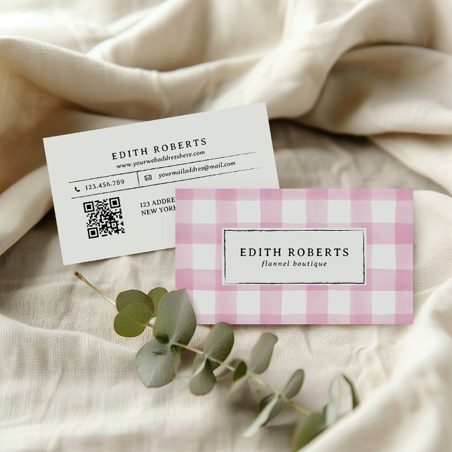 Modern Pink Watercolor Buffalo Plaid QR CODE Business Card (Creator Uploaded)