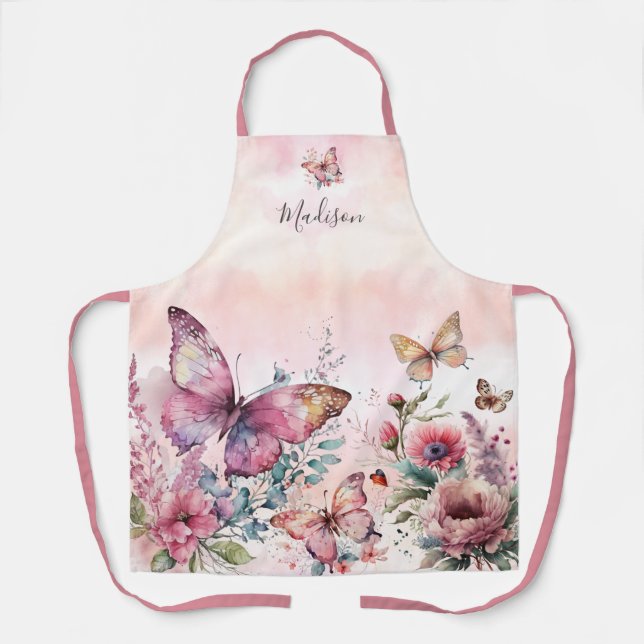 Modern Pink Watercolor Butterfly Wild Flower Apron (Front)