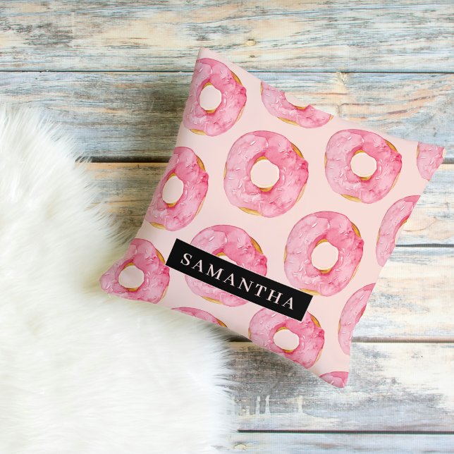 Modern Pink Watercolor Donuts Pattern With Name Throw Pillow (Creator Uploaded)
