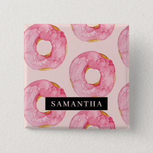 Modern Pink Watercolor Doughnuts Pattern With Name 2 Inch Square Button