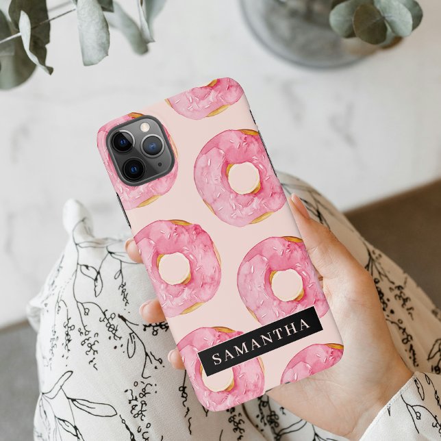 Modern Pink Watercolor Doughnuts Pattern With Name iPhone Case (Creator Uploaded)