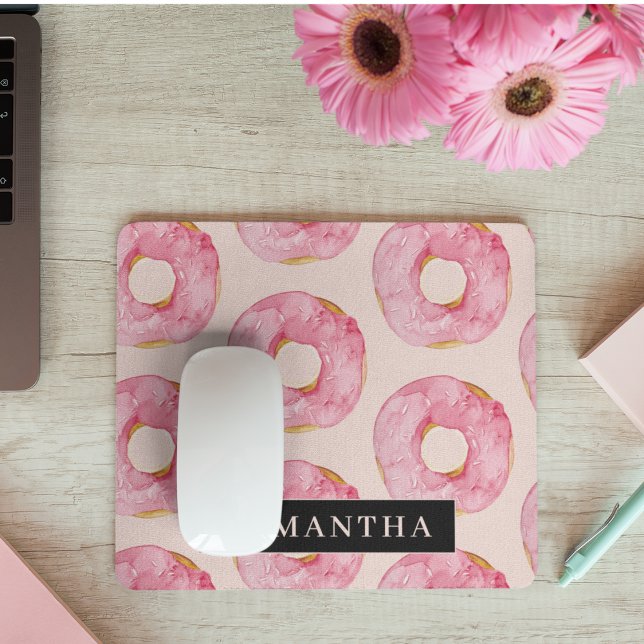 Modern Pink Watercolor Doughnuts Pattern With Name Mouse Pad (Creator Uploaded)