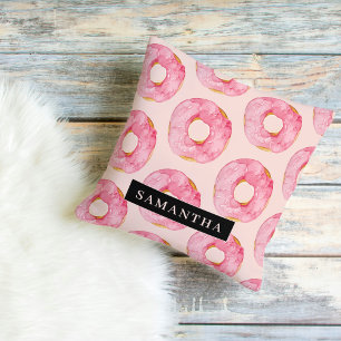 Modern Pink Watercolor Doughnuts Pattern With Name Throw Pillow
