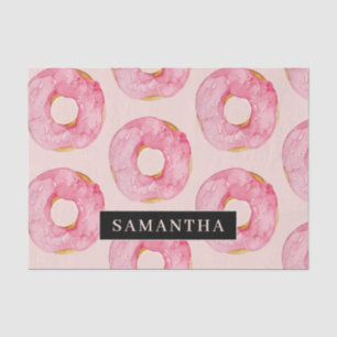 Modern Pink Watercolor Doughnuts Pattern With Name Tissue Paper