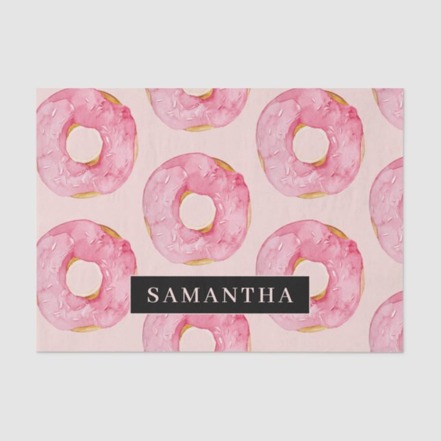 Modern Pink Watercolor Doughnuts Pattern With Name Tissue Paper (Front)