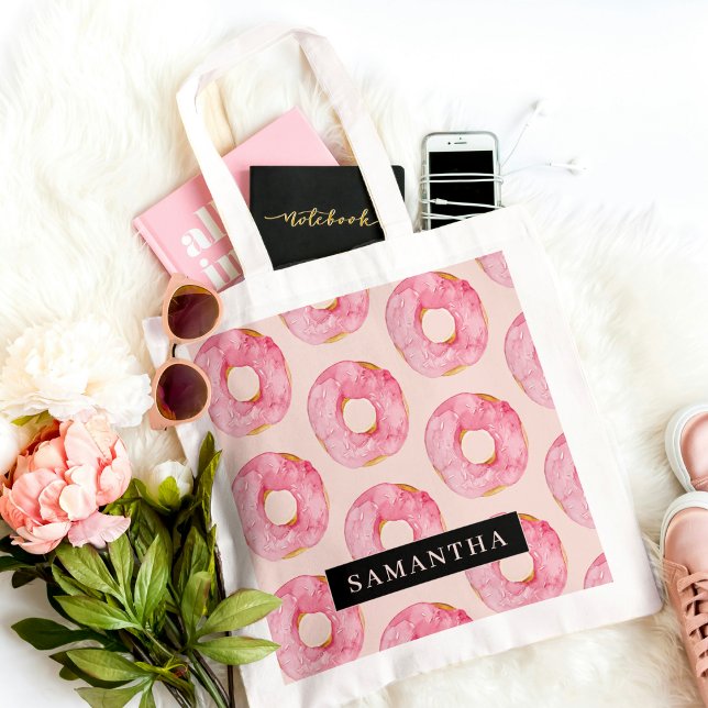 Modern Pink Watercolor Doughnuts Pattern With Name Tote Bag (Creator Uploaded)