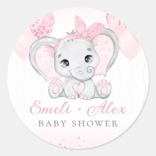Modern Pink Watercolor Elephant Girl Baby Shower  Classic Round Sticker