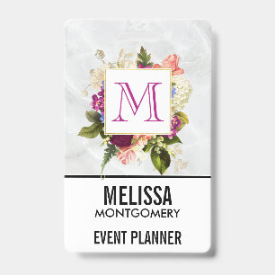 Modern Pink Watercolor Floral Bouquet Monogram Badge